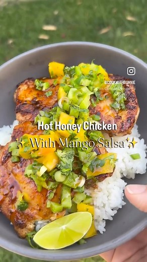 Hot honey glazed chicken with mango salsa has become our favorite dinner lately. It's fast and fresh while still full of flavor. I like to make a big batch and eat it throughout the week in different ways. Try it and let me know what you think! 💯 Follow me for more recipes! Weber Grills Blackstone Products Chicken marinade: Dijon mustard Weber’s seasoning kickin' chicken Cajun seasoning Onion powder Garlic powder Smoked paprika Salt & pepper Season with you heart! Make sure it's well coated and