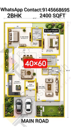 40x60 Modern 2BHK House Plan | 2400 Sq ft 2bhk Floor Plan Design #exteriordesign #gharkanaksha