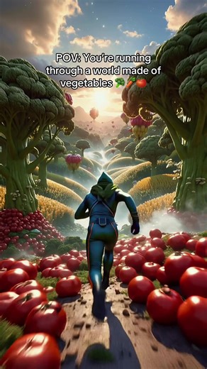 The AI Runner enters Veggie World 🌿🥦 A place where imagination grows wild. Would you run here? 👀 #POV #AIArt #Cinematic #VeggieWorld #VisualJourney