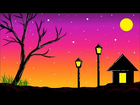 How to draw on computer | Scenery drawing | MS Paint tutorial | Beautiful moonlight scenery