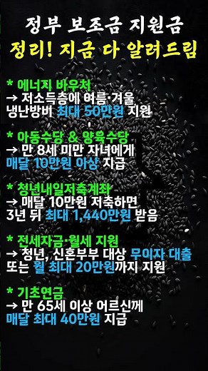 정부 보조금 지원금 정리! 지금 다 알려드림 #꿀팁 #생활정보 #정부지원금 #보조금신청 #복지혜택 #에너지바우처 #청년지원금 #기초연금 #육아지원금 #숨은혜택 #지원정책