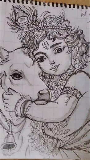 Little Krishna Drawing With Cow🐄, Bal Gopal Drawing #drawing #art #krishna #drawwithmanu #cow