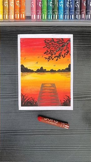 Easy Sunset Lake Drawing with Oil Pastels | Step-by-Step Tutorial for Beginners