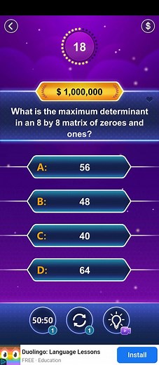 What is the maximum determinant for an 8\times8 matrix consisti... | Filo