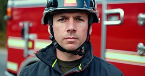 Download Portrait of a firefighter in uniform and helmet against the background of a fire truck for free