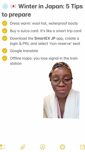 🇯🇵 Winter in Japan hits different — magical, quiet, and cold enough to humble you if you’re not prepared. After spending days hopping between Kyoto, Osaka, and Tokyo, here are the essentials I swear by to make winter travel smooth (and warm): Dress warm: wool hat, layers, and waterproof boots Grab a Suica card—Japan’s version of a smart trip card Download the SmartEX JP app, set up your login PIN, and choose a non-reserved seat for the bullet train Use Google Translate to navigate conversation