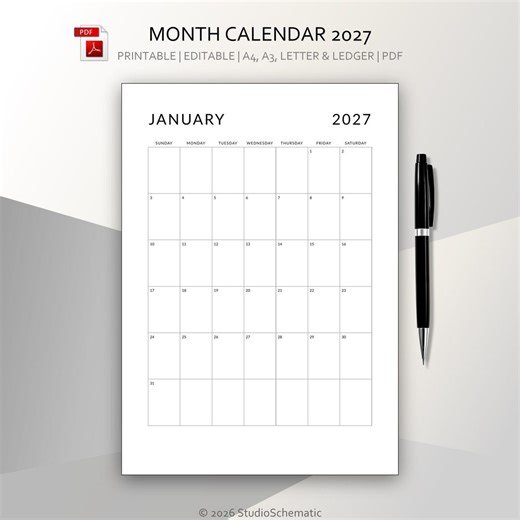 Printable Editable 2027 Calendar Monthly Planner - Etsy