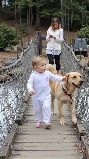 The loyal dog accompanies the little owner across the bridge_119 | Fauna Lab