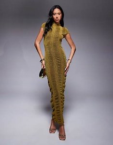 ASOS DESIGN ribbed glitter cap sleeve midi bodycon dress in gold | ASOS