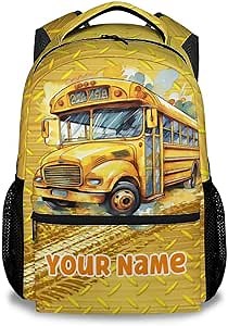 Personalized School Bus Backpack for Boys Girls, School Backpack for Kids Child, 17 Inch Kids Bookbag for Elementary Middle School, Funny Yellow Durable Car Backpacks