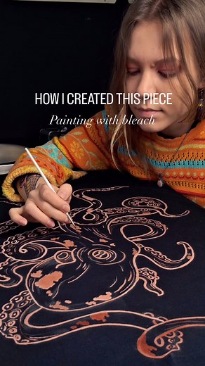Want to learn bleach painting step-by-step (and stop ruining shirts)? ✨ Go to the link in my bio to learn more about bleach painting ✨ Process of painting this shirt 👇 1. Transfer the design with a white chalk pencil by tracing the design on paper, then pressing it onto the fabric. 2. Outline first with undiluted bleach This step sets the structure of the whole piece. Undiluted bleach gives you cleaner edges and more control. 👉 The most important part: dab off ALL excess bleach before touching