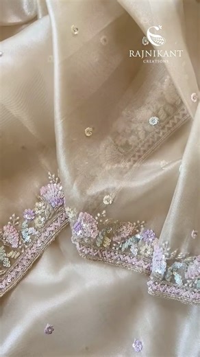 Rajnikant Creations on Instagram: "Cocktail Charm✨ Wrapped in elegance, this pastel tissue saree shimmers like a dream under soft light.🌸The delicate sequin work and pastel floral accents speak of understated sophistication, making it the perfect choice for those who love a blend of grace and subtle charm.💜 💌DM to know more #sarees #tissuesarees #embroiderylove #cocktailsaree #goldtissue #sequins #iwearhandloom #weavesofindia #exclusivesarees #sareelove #shimmer #sareesonline #sareesusa #sare