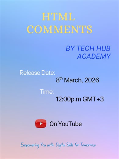 HTML Comments - Lesson 6 (Hyper Text Markup Language Course) Promo Link 👉 https://youtu.be/ufm4iR4nO-Q Learn HTML the simple way with Tech Hub Academy #comments #htmlcomments #htmlcourse #html5 #techhubacademy #html #hypertextmarkuplanguage #softwareengineering #visualstudiocode #coding #viral #htmlforbeginners #computerprogramming