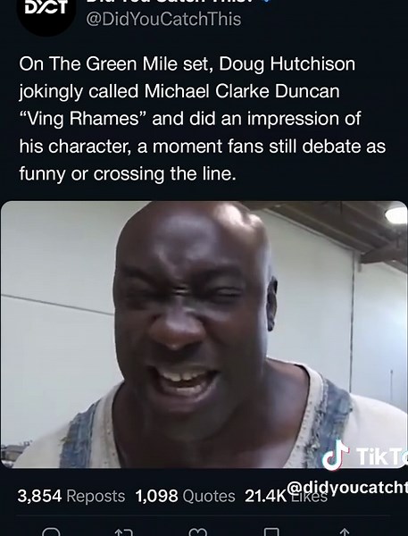 The Joke That Divided The Green Mile Set During the filming of The Green Mile, Doug Hutchison reportedly shared a moment with co-star Michael Clarke Duncan that still gets people talking. While Duncan was fully in character as John Coffey, Hutchison jokingly called him Ving Rhames and even did an impression of his character. By some accounts, the impression was surprisingly accurate—but the moment itself walked a fine line. Some saw it as playful on-set humor, while others viewed it as tone-deaf