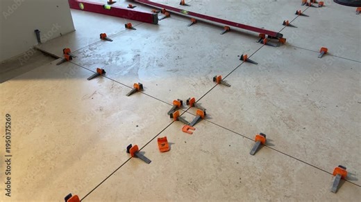 Close-up of ceramic floor tiles during installation with a tile leveling system. Plastic clips and wedges placed between tiles to ensure even spacing and alignment. Home renovation and construction