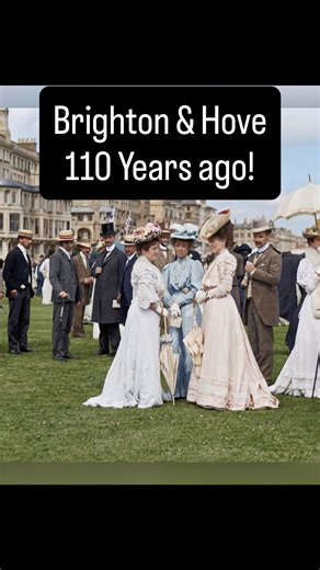 Brighton & Hove, East Sussex. Over 110 Years ago! Scenes of Hove in the early 1900's together with popular scenes of Brighton. Hove was more sedate than Brighton and often frequented by Royalty! * A Garden Party on the private lawns facing the Avenues, hosted by the Mayor of Hove. * King Edward VII walking on Kingsway, approaching the private gardens in Hove. * Edwardians stroll past the Brighton Pavilion in the early 1900's * A busy Church Road in Hove with a new motorised bus coming down the s