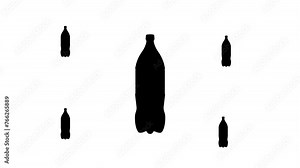 Zoom in and out animation the plastic bottle symbol. Large black symbol in the center and four small symbols around. Seamless looped 4k animation on white background