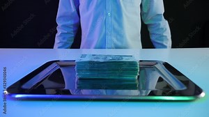 Drug addict concept: hard drugs prepared for consumption. Silver tray with powder drugs, money and pills. Man draw in or sniff white drug. Cocaine, amphetamine, meth, methamphetamine