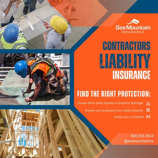 🦺🏗️ From the job site to the final walk-through, Contractors Liability Insurance helps protect your business when the unexpected happens. Sea Mountain Insurance works with contractors to build coverage that fits the work you actually do — not a one-size-fits-all policy. Learn how the right protection can help keep your projects (and your business) moving forward 👉 https://sea-mountain.com/insurance-products/business-insurance/view/contractors-liability | Sea-Mountain Insurance