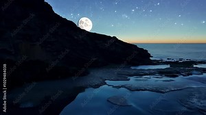 Breathtaking view of the full moon rising over a tranquil ocean, casting a magical glow on the water and creating a stunning reflection in a tide pool
