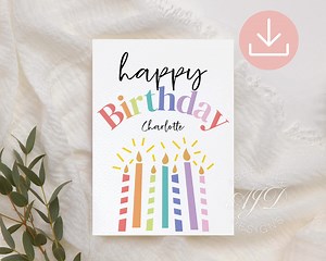 Happy Birthday Editable Card, Candle Birthday Card, Personalized Birthday Card Printable, Colorful Birthday Greeting Card, Digital Download - Etsy