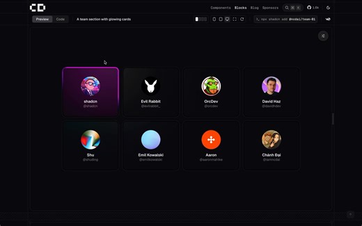 New @shadcn block released:A team section with glowing cards.$ npx shadcn@latest add @ncdai/team-01