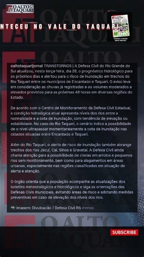 Previsão de inundação nas próximas 48 horas entre Encantado e Taquari Defesa Civil 28-07-26