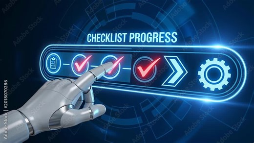 Robot hand pointing at checklist progress with task tracking and workflow icons symbolizing business project completion and management for tracking project progress and task completion
