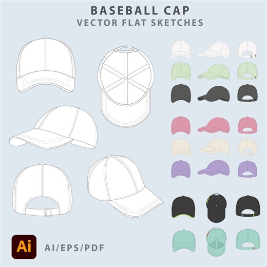 Baseball Cap Technical Drawing, Vector Flat Sketches (AI, EPS, PDF) - Etsy