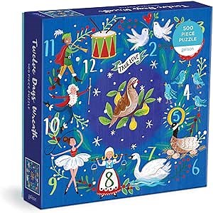 Galison 12 Days Wreath 500 Piece Puzzle - Whimsical Holiday Puzzle for Adults, Jigsaw Puzzle Illustrating The Joyous 12 Days of Christmas, Fun Indoor Activity
