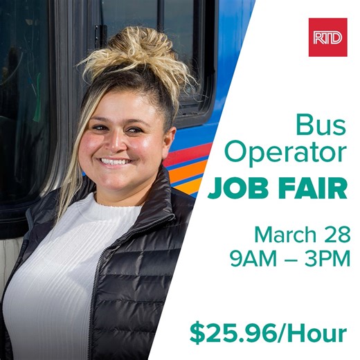 2.3K views | New date 3/28 Ready to steer your career in an exciting direction? Join us at RTD's Bus Operator Career Fair on 3/28 from 9AM to 3PM at the Crowne Plaza in Denver! We're on the lookout for Bus Operators, with competitive starting pay at $25.96/hr plus a $4,000 signing bonus! | RTD | Facebook