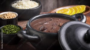 Feijoada served in a black clay pot. Feijoada, traditional Brazilian food.