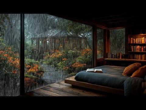 Calm Rain in Cozy Library Bedroom with Garden View 🌧️ Light Rain on Window for Reading & Deep Sleep
