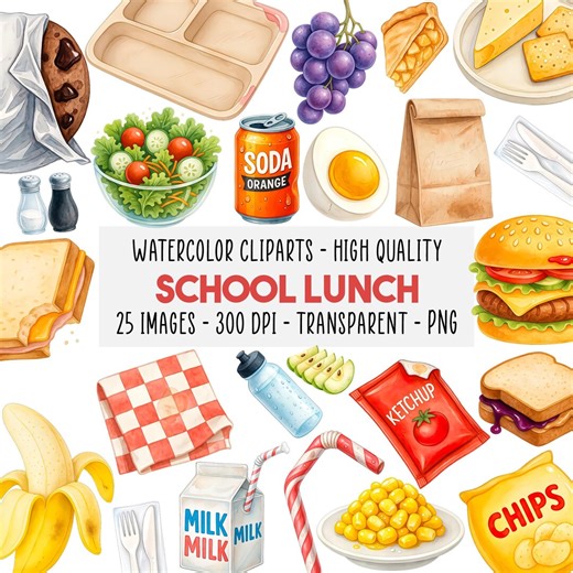 25 School Lunch Clipart PNG, Blue Picnic Table Food Set, Watercolor Snacks, Cafeteria Lunchbox, Back to School PNG, Instant Download - Etsy