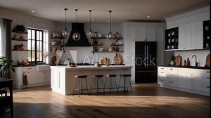 Beautiful white kitchen with dark accents in new modern farmhouse style luxury home, 4k High-Quality Wallpaper Background Animation Video