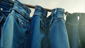 Freshly Washed Denim Jeans Hanging to Dry Outdoors on a Clothesline