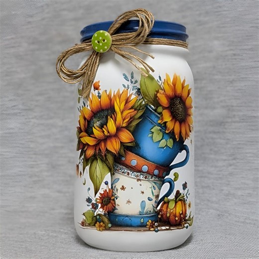 Sunflower Stacked Teacups Mason Jar ~ Hand-painted & Decoupaged - Etsy