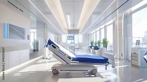 An empty, modern hospital room with medical equipment, a bed, and bright lighting, showcasing cleanliness and advanced healthcare facilities. Video 4k