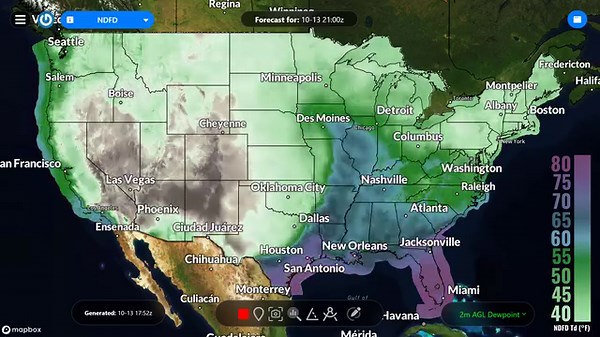 22 reactions | A cold front will move across the eastern CONUS this weekend! Check out these dewpoints and temperatures from the NDFD through Sunday evening showing this front push all the way to the East Coast, and even through much of Florida through the end of the forecast period. | RadarOmega | Facebook