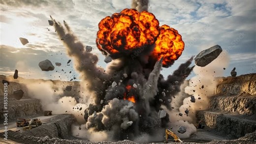 Massive explosion with fire, smoke, and flying rocks erupting from an open-pit quarry. Heavy machinery is visible at the mining site during a powerful controlled demolition