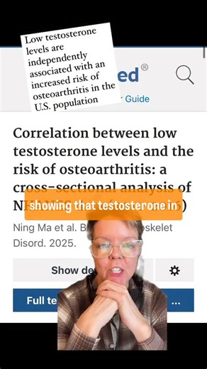 Kelly Casperson, MD➖Urologist on Instagram: "Testosterone is correlated with risk of osteoarthritis. Ma N, Gao F. Correlation between low testosterone levels and the risk of osteoarthritis: a cross-sectional analysis of NHANES data (2011-2016). BMC Musculoskelet Disord. 2025 Jan 7;26(1):23. doi: 10.1186/s12891-024-08272-6. PMID: 39773699; PMCID: PMC11706034."