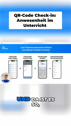 Fahrschule.live on Instagram: "Nie mehr handschriftliche Anwesenheitslisten!📝 Mit dem QR-Code Check-in in Fahrschule.live scannen sich Schüler direkt über die Führerschein.live App ein – ihre Teilnahme wird live im System erfasst und ist sofort für Fahrlehrer sichtbar. Einfach, zuverlässig und komplett digital.✅ #fahrschulelive #adaptech #fahrschulverwaltung #fahrschule #fahrschüler #fahrlehrer #digitalisierung #fahrschulsoftware #QRCheckin #anwensenheitsliste #theorieunterricht"