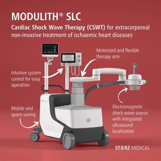 𝗠𝗢𝗗𝗨𝗟𝗜𝗧𝗛 𝗦𝗟𝗖 – 𝗖𝗮𝗿𝗱𝗶𝗮𝗰 𝗦𝗵𝗼𝗰𝗸 𝗪𝗮𝘃𝗲 𝗧𝗵𝗲𝗿𝗮𝗽𝘆 The 𝗠𝗢𝗗𝗨𝗟𝗜𝗧𝗛 𝗦𝗟𝗖 is designed for non-invasive treatment of ischaemic heart diseases using Cardiac Shock Wave Therapy (CSWT). This gentle outpatient therapy improves angina symptoms, enhances physical performance, and supports long-term quality of life – also in risk patients. With its motorised therapy arm, intuitive controls, and compact design, the MODULITH SLC ensures easy handling and efficient treatment p