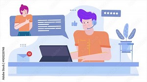 a man as a customer support calling with customer illustration business animated video