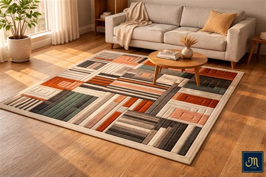 Hand Tufted Wool Rug | Bauhaus Geometric Patchwork Area Rug, Terracotta Grey - Etsy