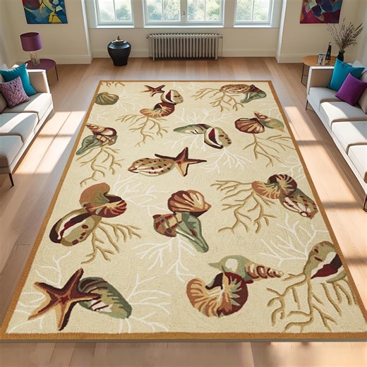 Coastal Sea Area Rug, Seashell and Starfish Pattern Carpet, Beach Style Non Slip Floor Mat, Beach Area Rug, Beige Beach Area Rug, Beige - Etsy