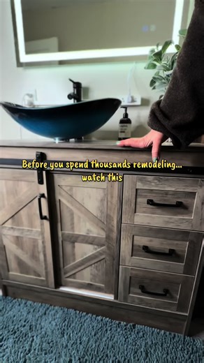 You don’t need a full bathroom remodel. Replace the vanity first. Farmhouse barn doors, real storage, tempered glass sink. It completely changed the space. Linked here. #bathroomupgrade #bathroomremodel #homeimprovementfinds #tiktokshophomefinds #homedecor @Elecwish