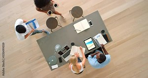 Business meeting, digital marketing and people collaboration, planning and working on brand development, project management and design portfolio. Creative team, document review and multimedia above