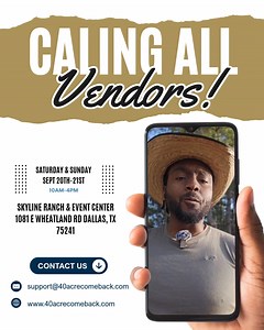 🔥 VENDOR SPACES ARE FILLING FAST! 🔥 The 40 Acre Summit is calling purpose-driven vendors to be part of one of the most impactful events of the year! 📅 September 20–21, 2025 📍 Skyline Ranch & Event Center 1801 E Wheatland Rd Dallas, TX 75241 🎯 Focus: Land Ownership • Disaster Preparedness • Real Estate • Farming & Gardening • Self-Sustainability We’re looking for vendors who align with our mission to educate, empower, and elevate. That includes: ✅ Food Vendors ✅ Wellness & Herbal Products ✅ 