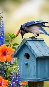 When your outfit matches your home! This beautiful Blue Jay is perfectly coordinated with his blue birdhouse amidst a riot of summer color. Nature is the best designer! 🎨 #birds #birdwatching #birdlovers #nature #natgeowild | Saving Birds